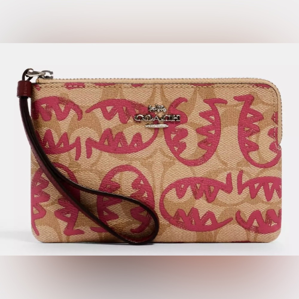 NWT coach Corner Zip Wristlet In Signature Canvas With Rexy By Guang Yu
